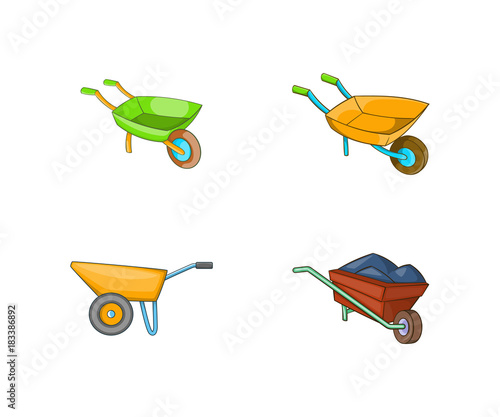 One wheel barrow icon set, cartoon style