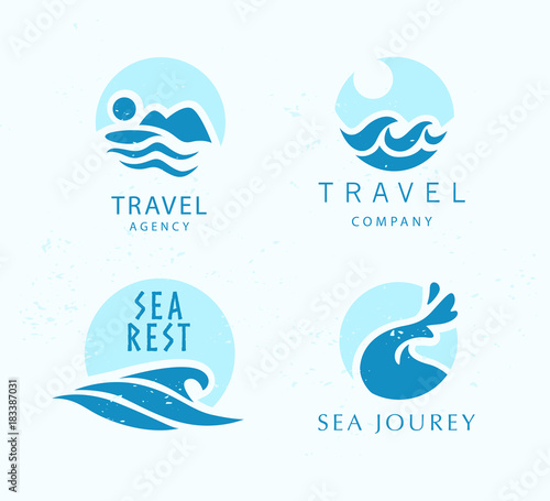 Vector flat touristic company logo design isolated on white background. Travel agency emblem sign. Blue water wave symol, icon. Sea tours logotype. Ocean cruise.