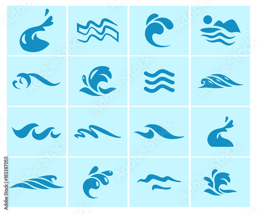 Vector collection of flat water wave icons isolated on blue background. Water logo, emblem design. Blue water splashes symbol, ocean, different sea waves rolling sign.