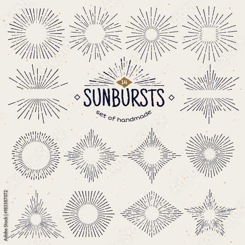 Geometric hand drawn sunburst, sun beams in different forms. Star shining with rays in form of lines, linear sunlight waves. Summer and sunset, sunrise and radial fireworks symbol. Vintage style.