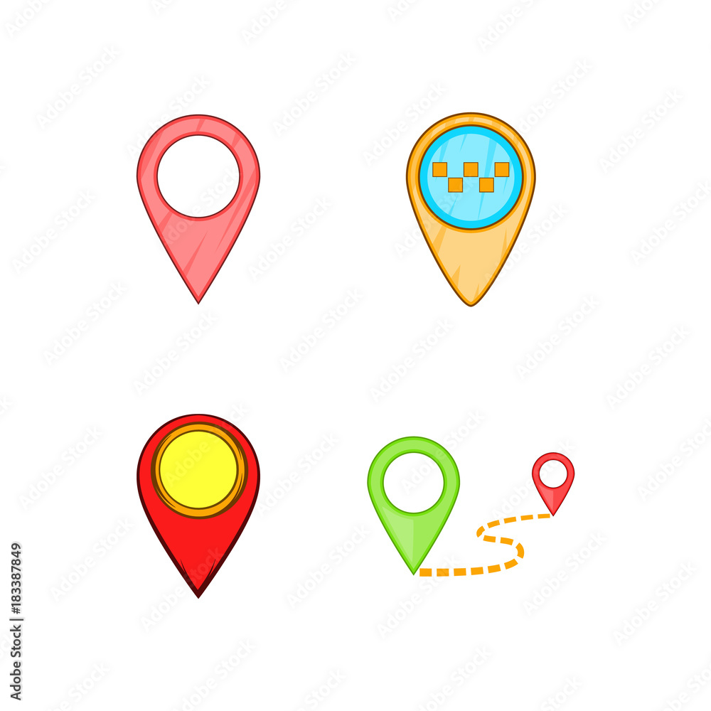 Map pin icon set, cartoon style Map pin icon set, cartoon style