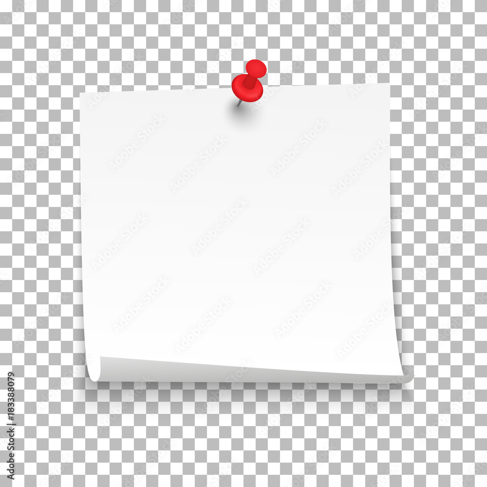 White sheet of note paper with push pin on a transparent background. Vector illustration - obrazy, fototapety, plakaty 