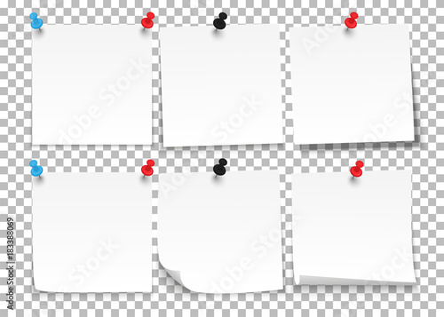 Set of sheets of notes paper with push pins on a transparent background. Vector illustration