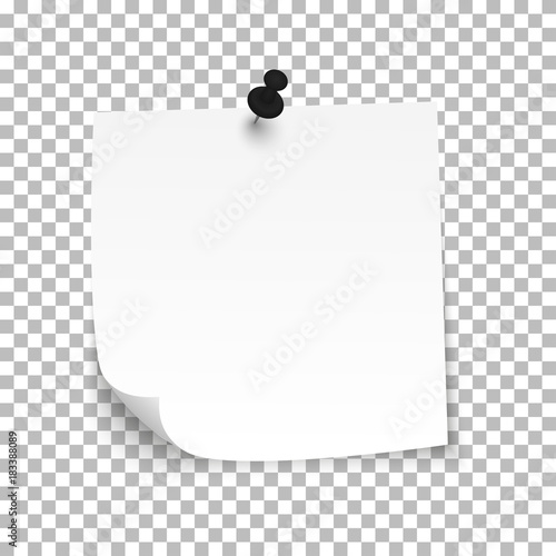 White sheet of note paper with push pin on a transparent background. Vector illustration