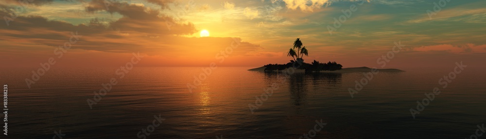panorama of the sea sunset, beautiful sunset in the sea over a tropical island with palm trees,, 3d rendering