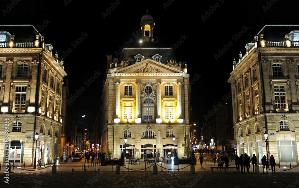 Place de la Bourse of Bordeaux city by night, Aquitaine, France