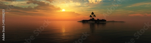 panorama of the sea sunset, beautiful sunset in the sea over a tropical island with palm trees,, 3d rendering