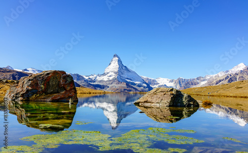 Matterhorn peak reflected in Stellisee Lake in Zermatt, Switzerland. photo