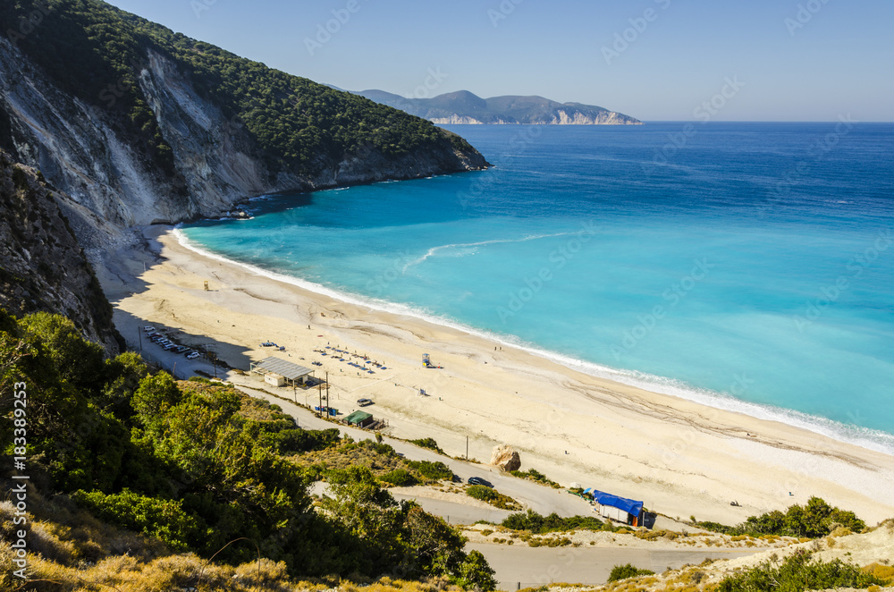 Partial view of Myrtos beach from the mountain on the island of Kefalonia