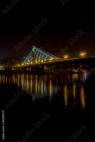 Blue Wonder (Blaues Wunder) bridge in Loschwitz at night, Dresden, Germany.