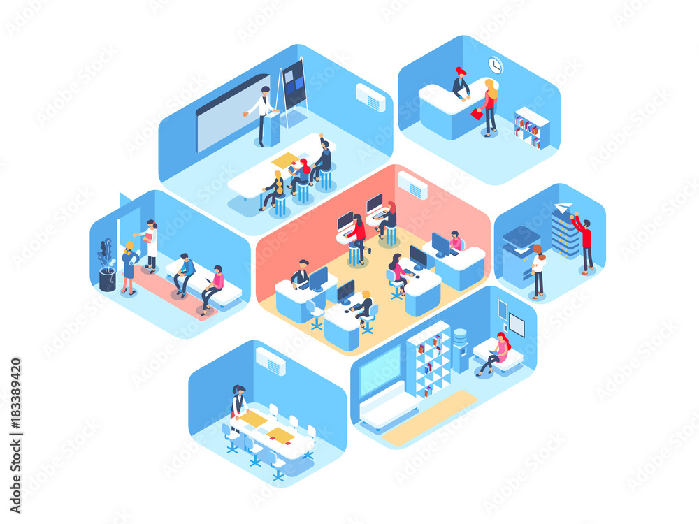 People work in a team and achieve the goal. Business processes and office situations. Isometric vector illustration.