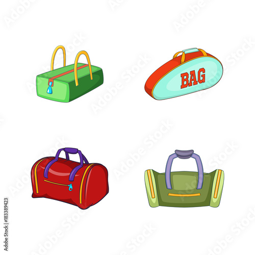 Sport bag icon set, cartoon style