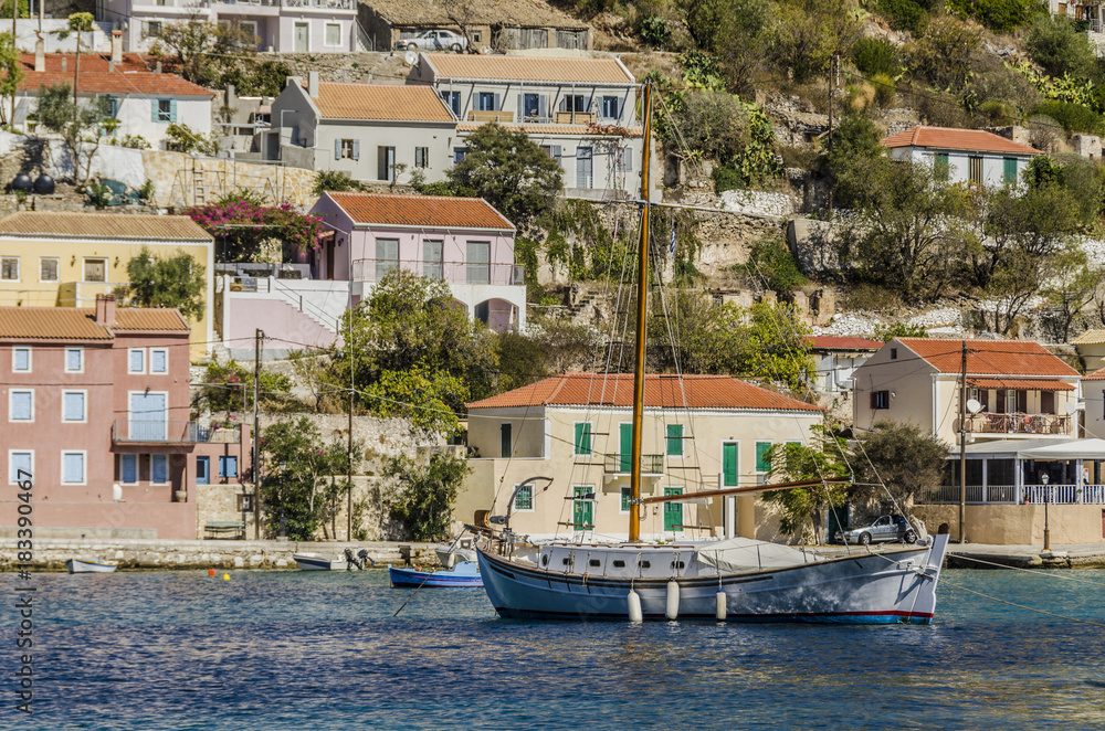 sailboat in the bay of assos on the island of kefalonia