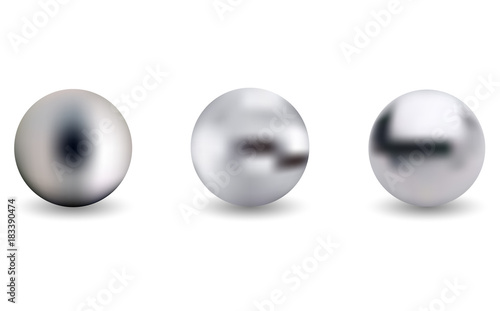 Metallic chrome sphere over white background.