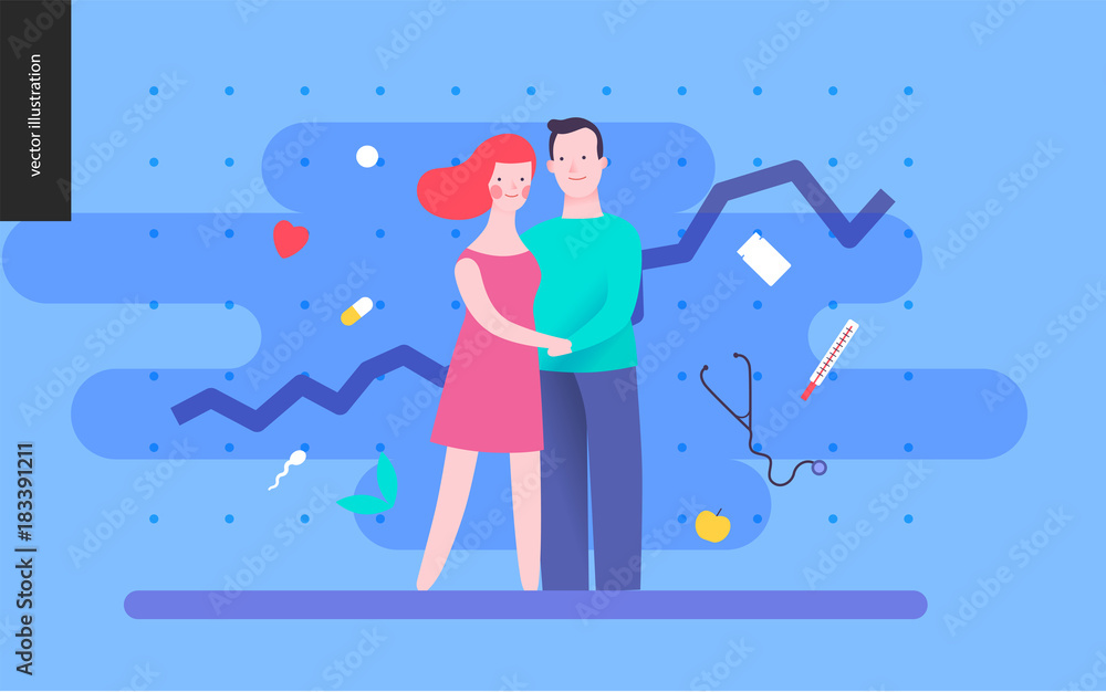 Reproduction - a couple planning a baby, on a blue background, plot and medicine elements Reproduction - a couple planning a baby, on a blue background, plot and medicine elements