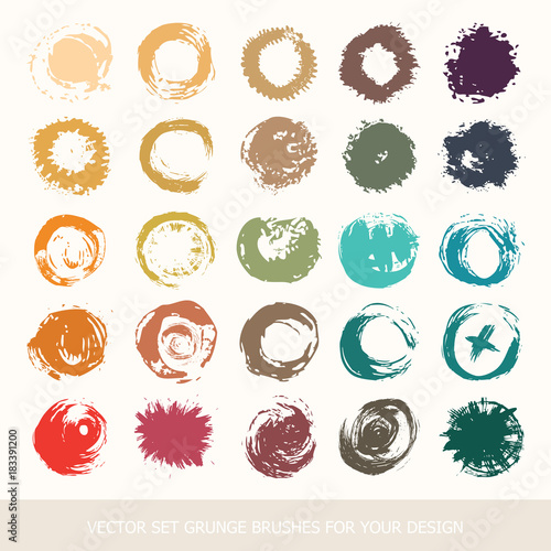 Set of different round black Ink grunge brushes. labels, paint texture. Colored belly labels. Collection Background handmade design elements.