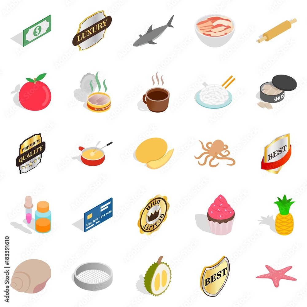 Food preparation icons set, isometric style Food preparation icons set, isometric style