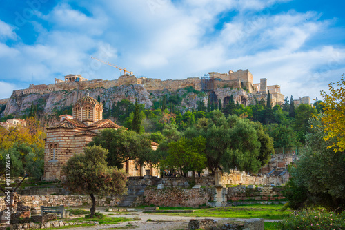 Acropolis with Parthenon. View from the ancient market (agora) with ruins of the famous classical Greek civilization, Athens, Greece. © gatsi