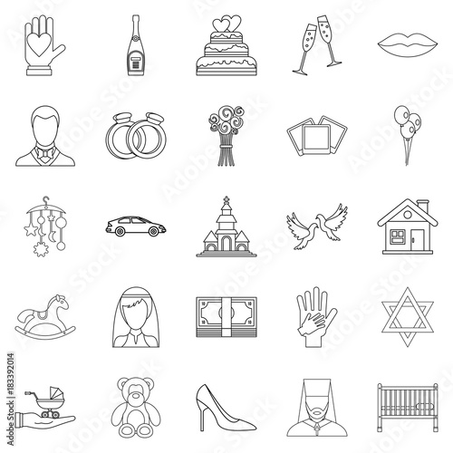 Wedding icons set, outline style