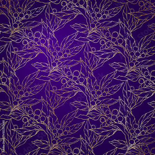 Golden floral pattern with holly berries and branches.
