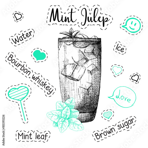 Simple recipe for an alcoholic cocktail Mint Julep. Vector illustration of a sketch style.