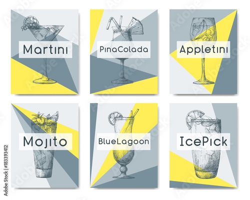 Hand drawn cocktails on individual cards. Vector illustration in sketch style