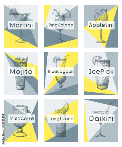 Hand drawn cocktails on individual cards. Vector illustration in sketch style