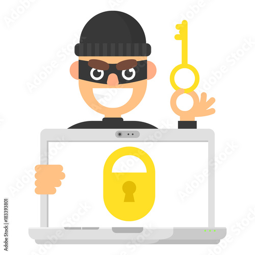 Padlock on screen laptop and burglar hacker with key