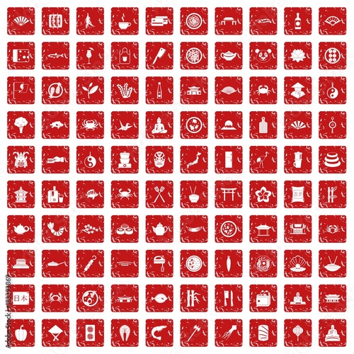 100 sushi bar icons set grunge red