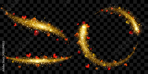 Set of tails of golden glittering stardust with sparkles and small red hearts isolated on transparent background. Transparency only in vector file