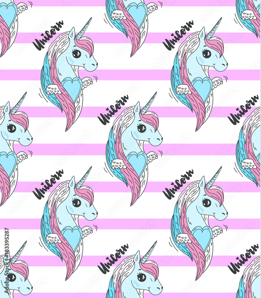 Obraz premium Colorful unicorn heads on pink striped background