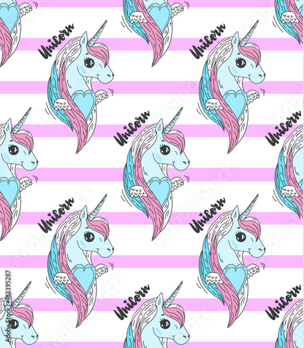 Colorful unicorn heads on pink striped background