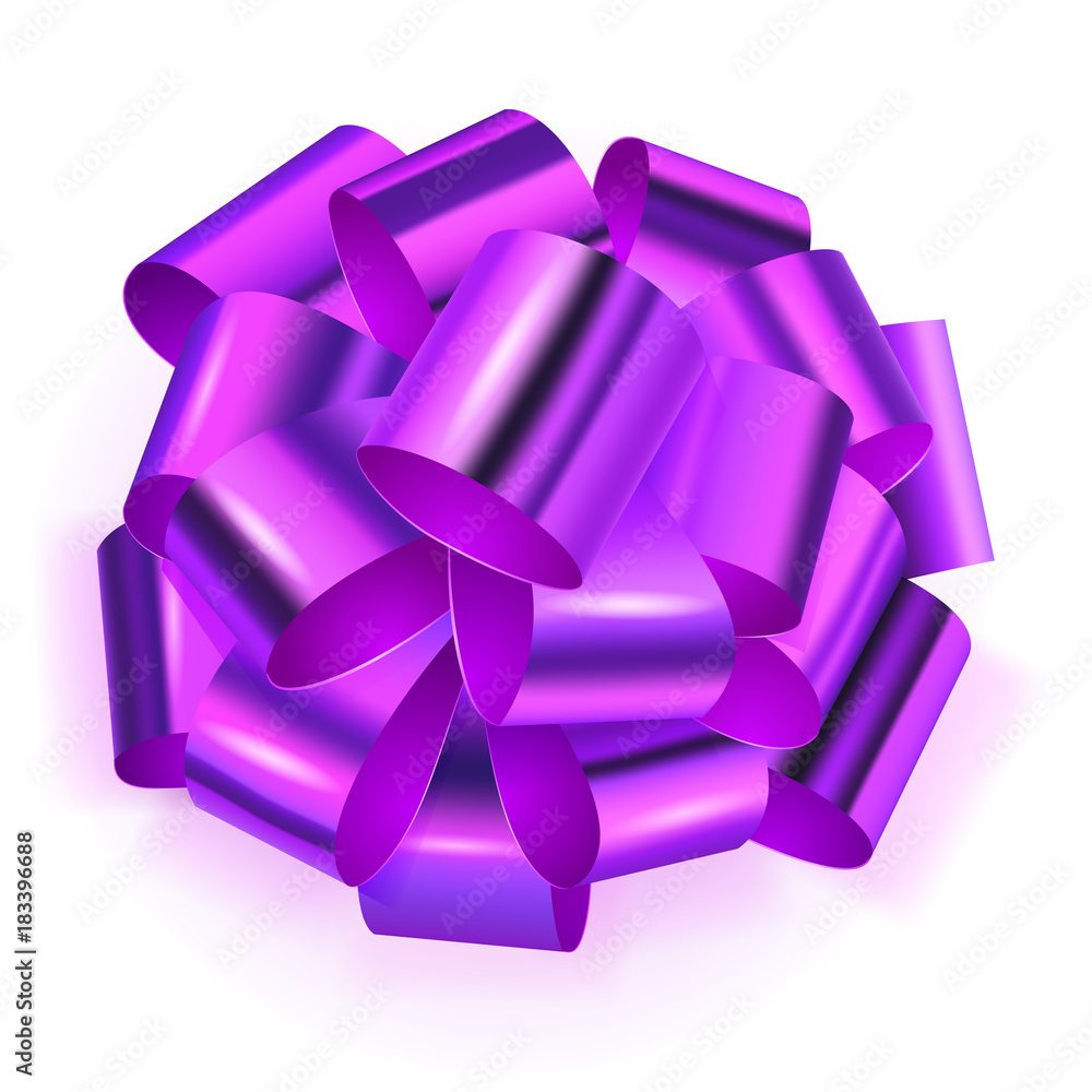 Beautiful big bow made of purple shiny ribbon with shadow on white background Beautiful big bow made of purple shiny ribbon with shadow on white background
