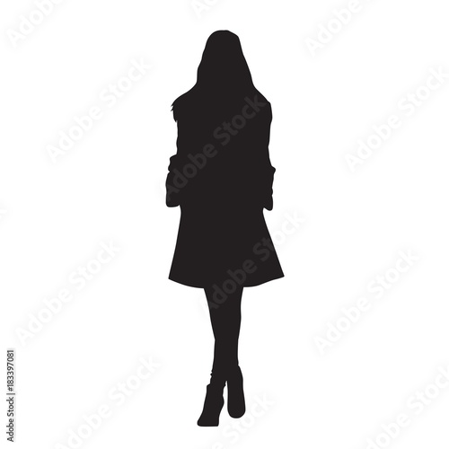 Young woman walking in coat, isolated vector silhouette
