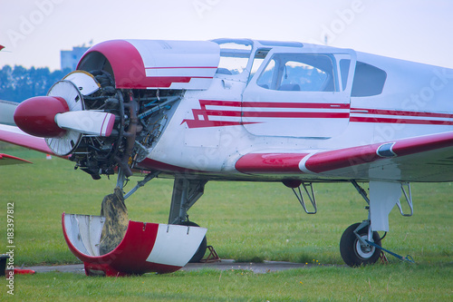 Small plane with opened turbine for repairing in the field