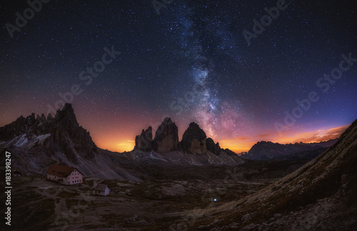 Tre Cime di Lavaredo at night in the Dolomites in Italy, Europe
