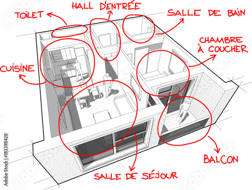 Perspective cut away diagram of a one bedroom apartment completely furnished with red hand drawn room definitions over it IN FRENCH LANGUAGE