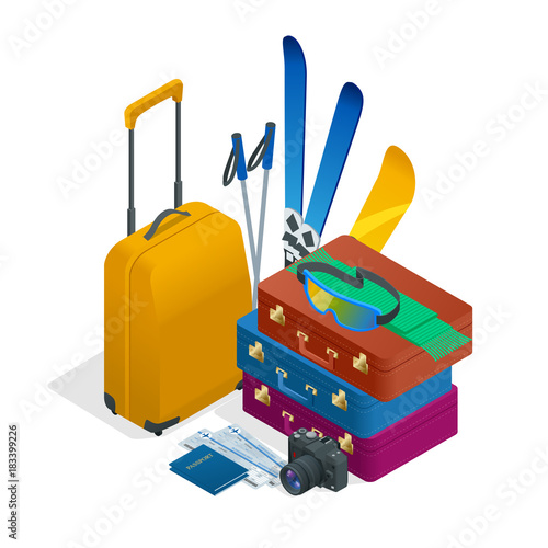 The trip on a winter vacation in the mountains. Winter travel concept isolated on white. Christmas travel. Travel to World. Banner, Journey, illustration.