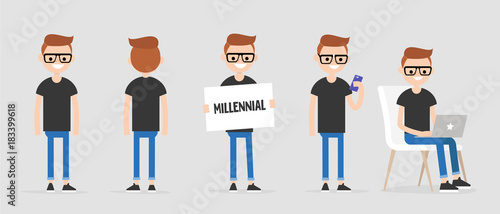 Millennial character in various poses: front and back view, holding a sign, checking the phone, working on a laptop. Lifestyle. Flat editable vector illustration, clip art