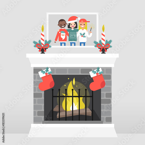 Christmas interior. Decorated fireplace. Candles. Family photo. Winter seasonal decor. Flat vector illustration, clip art