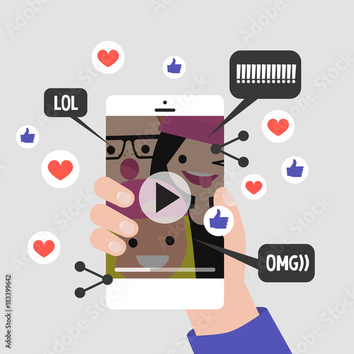 Viral content conceptual illustration. Likes, shares and comments popping up on the mobile screen. Vertical Video format for millennials. Flat editable vector, clip art