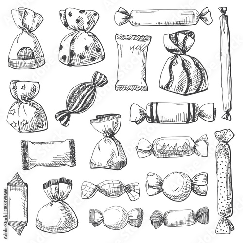 Hand drawn a large set of different sweets in a wrapper. Vector illustration of a sketch style.