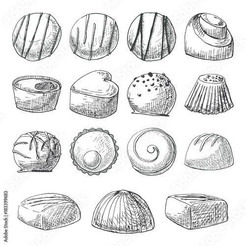Chocolate sweets of different shapes and sizes. Hand drawn a set of chocolates. Vector illustration of a sketch style.