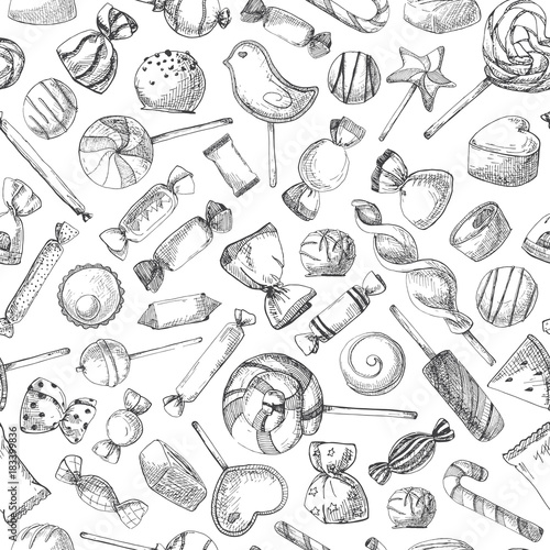 Hand drawn a seamless pattern with different sweets. Vector illustration of a sketch style.
