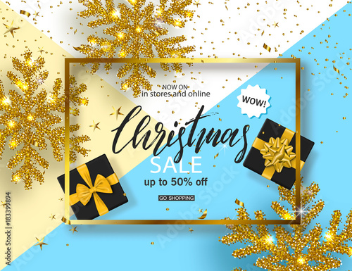 Christmas Sale poster with shiny snowflake, gift boxes and serpentine . Vector illustration. Design for invitation, banners, ads, coupons, promotional material.
