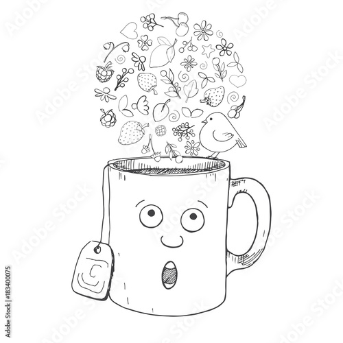 Hand drawn a cup in the cartoon style, different herbs, plants, berries and birds. Vector illustration of a sketch style.