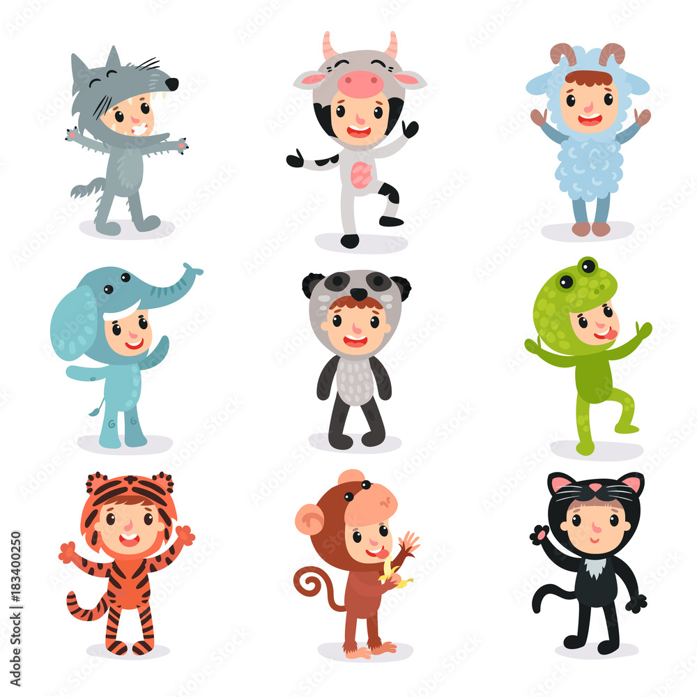 Colorful set of children in different animal costumes wolf, cow, sheep, elephant, panda, frog, tiger, monkey and cat. Kids wearing suits for party. Flat vector design Colorful set of children in different animal costumes wolf, cow, sheep, elephant, panda, frog, tiger, monkey and cat. Kids wearing suits for party. Flat vector design