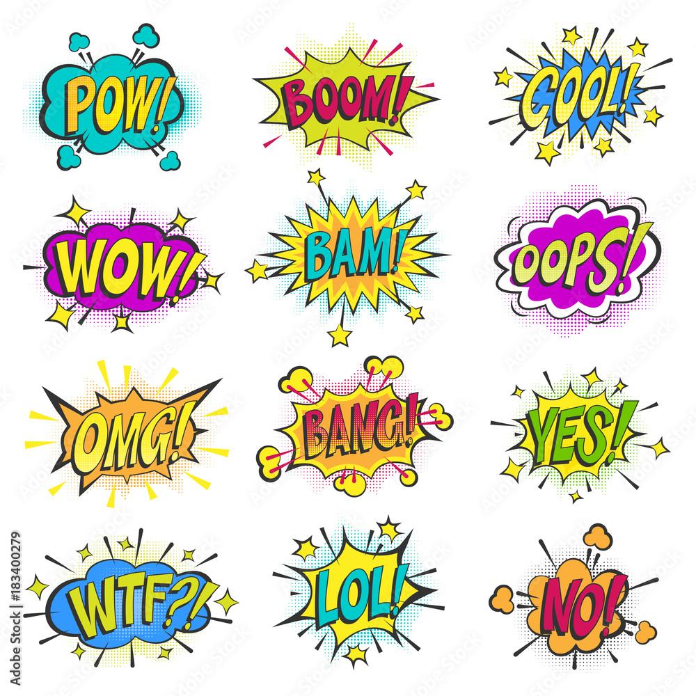 Pop art comic bubbles vector cartoon popart balloon bubbling colorful  speech cloud asrtistic comics shapes isolated on white background  illustration Stock Vector | Adobe Stock