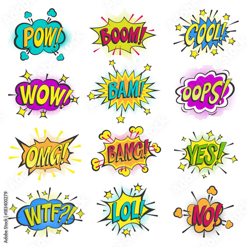 Pop art comic bubbles vector cartoon popart balloon bubbling colorful speech cloud asrtistic comics shapes isolated on white background illustration