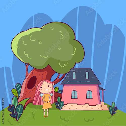 Colorful doodle landscape with little house, old green oak-tree and cute fairy girl. Childish line vector. Hand drawn design for kids story book, poster or postcard
